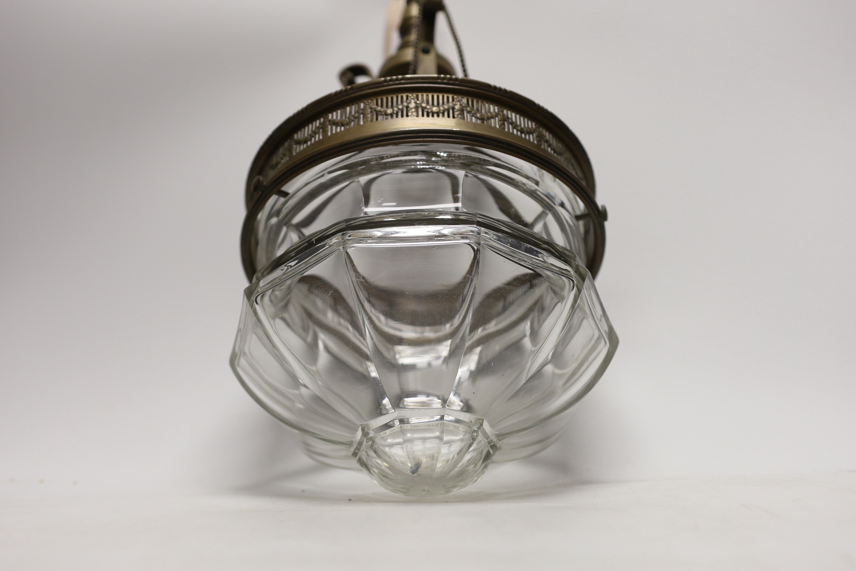 A brass mounted glass hanging lantern, 42cm